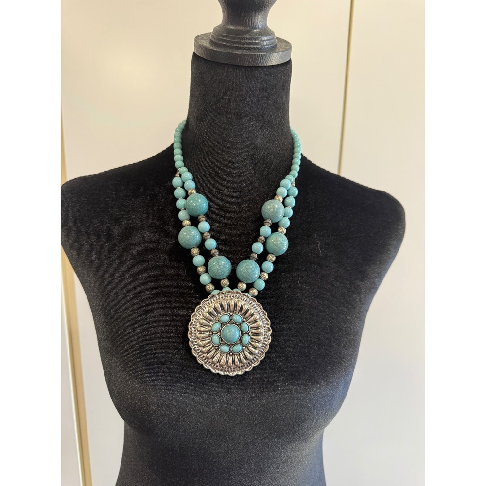 Western Turquoise Beaded Statement Necklace Silver Medallion Boho Multi-Strand